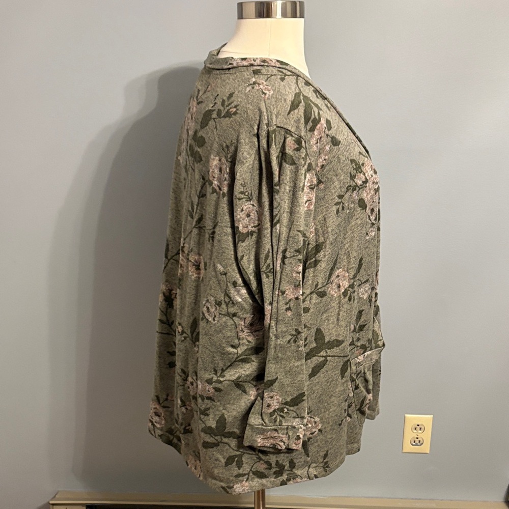 Lane Bryant Olive Green Floral Open-Front Cardigan with Pink Accents - Picture 3 of 4